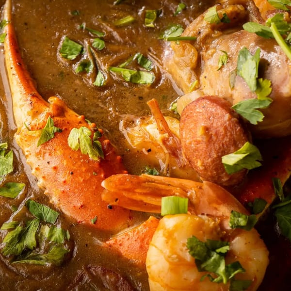 Close-up of Sharon's Creole Kitchen's rich gumbo with crab, shrimp, sausage, and chicken, garnished with parsley.