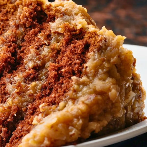 Close-up of a slice of German chocolate cake with rich brown cake and coconut pecan frosting.