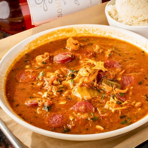 Close-up of a bowl of Sharon's Creole Kitchen's gumbo with sausage, chicken, and vegetables.