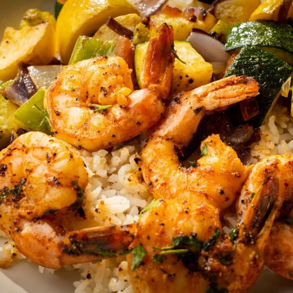 Creole shrimp and vegetables, including zucchini and onions, served over white rice.